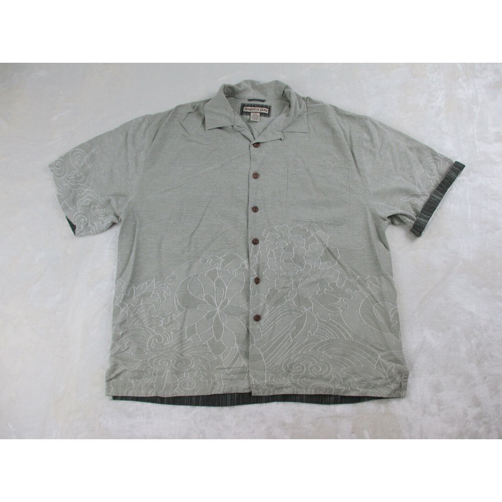Jamaica Jaxx Shirt Mens Large Green Floral Silk Flip Cuff Button Up‎ Casual *